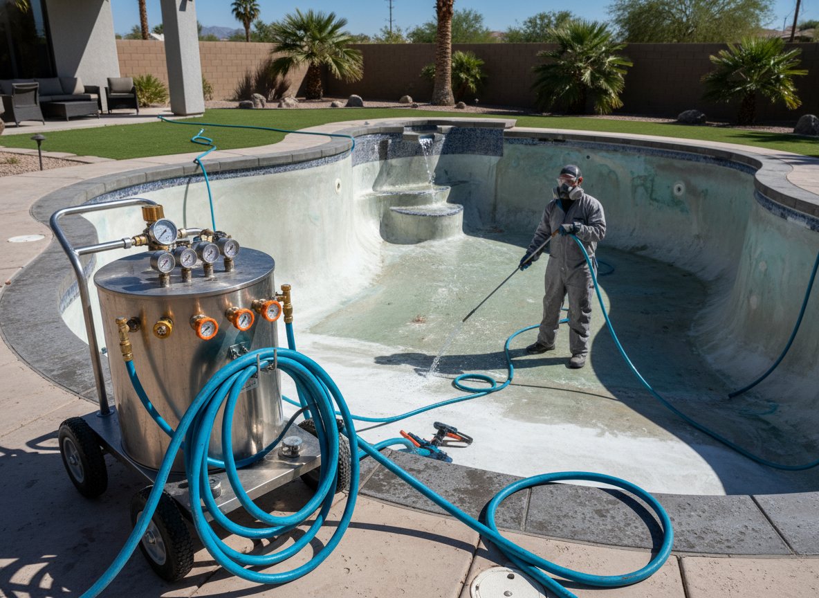 A drained swimming pool being acid-washed and refinished by a technician.