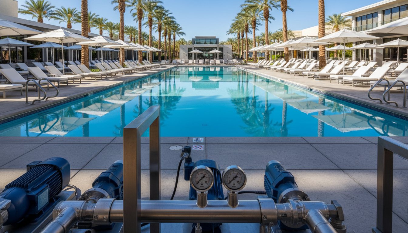A large resort-style commercial swimming pool at a Las Vegas community.