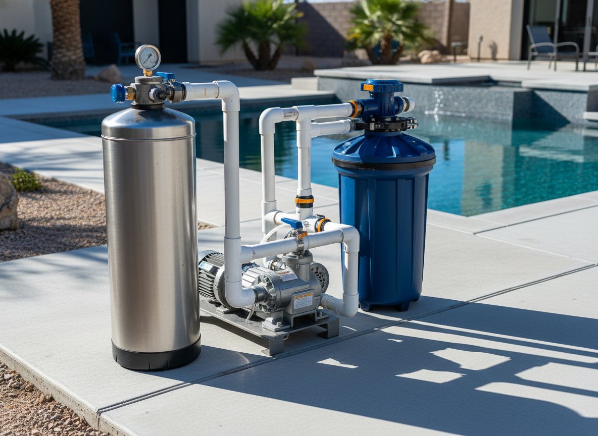 A cartridge and D.E. pool filtration system on an equipment pad.