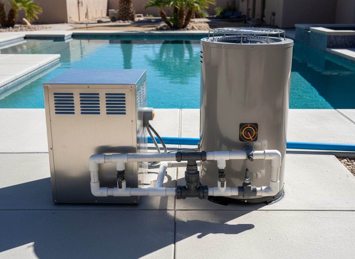 A pool gas heater and heat-pump unit on a residential equipment pad.
