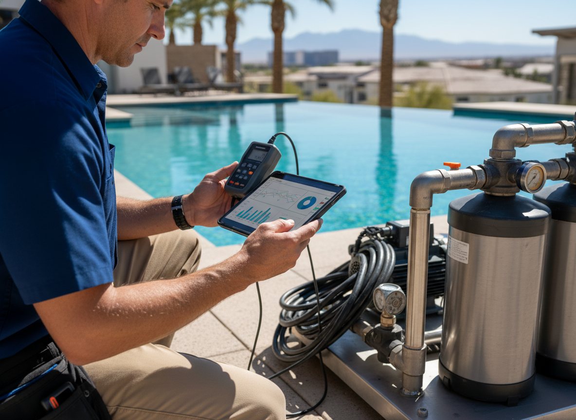 A technician configuring a pool automation controller and color LED lighting.