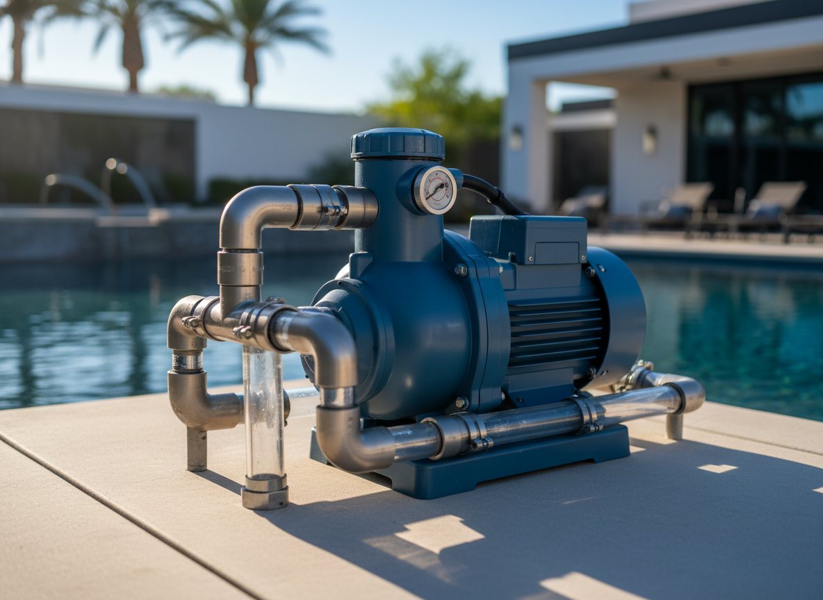 A modern variable-speed pool pump installed on a pool equipment pad.