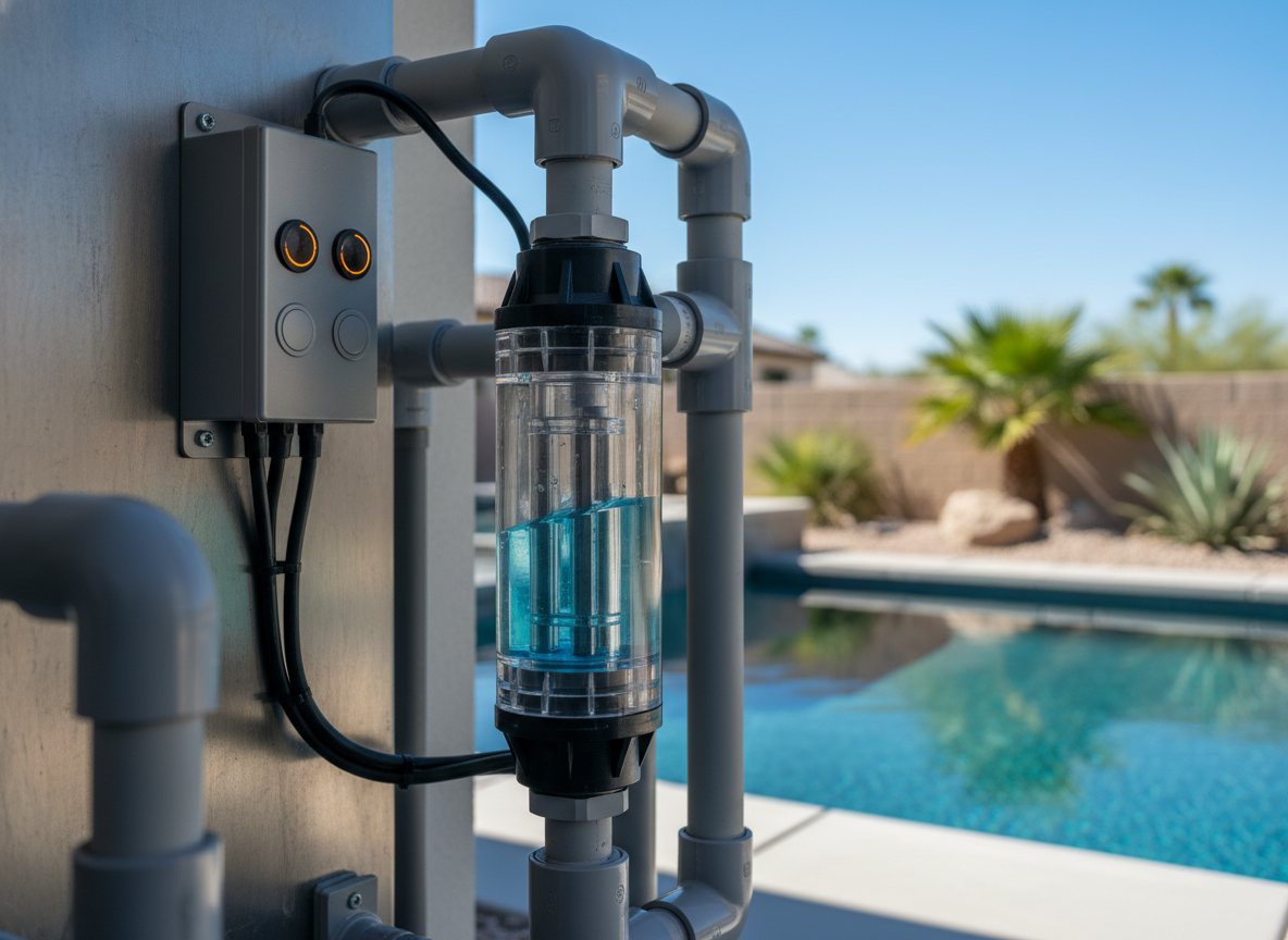 A salt chlorine generator cell installed inline on pool equipment.