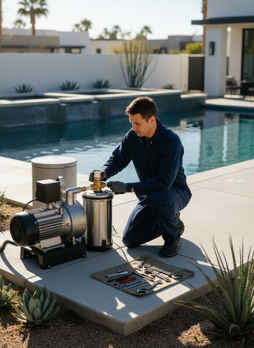 A pool technician inspecting equipment at a residential pool pad.
